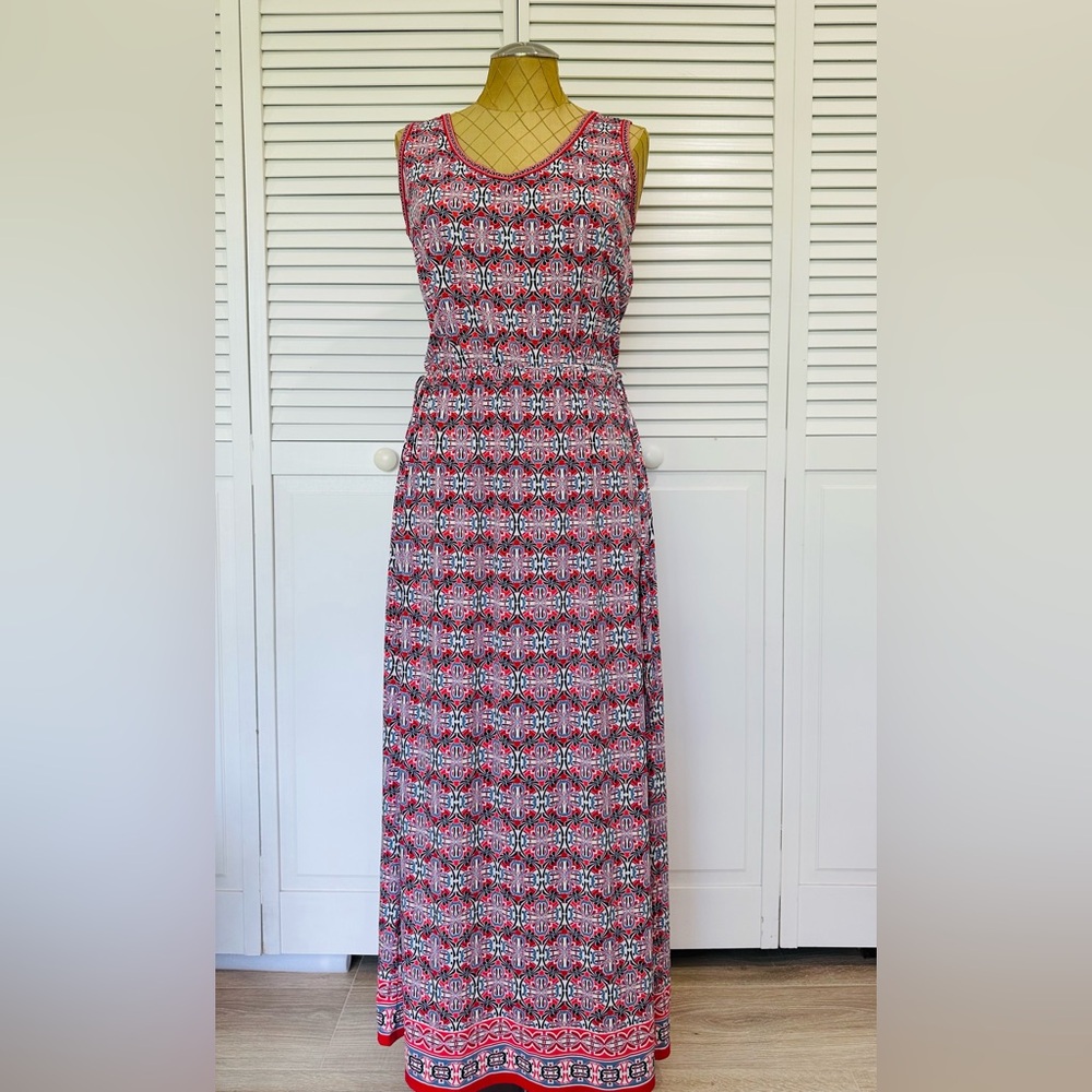 Max Studio Red and White Sleeveless Halter Maxi Dress